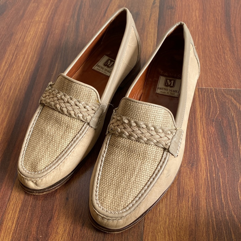 Bruno Magli Italian Woven Braided Taupe Soft Leather Loafers